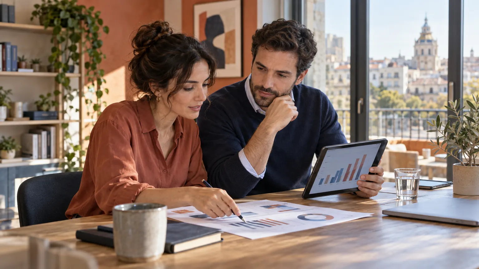 Profesionales revisan resultados y una lista de control de socios afiliados