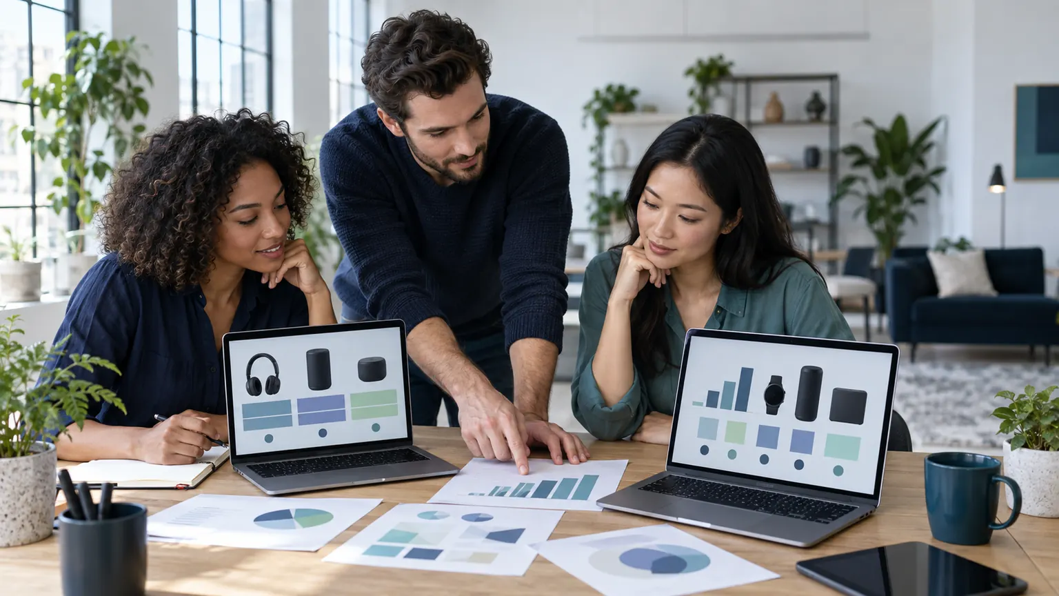 Équipe éditoriale comparant des preuves produit, graphiques et besoins des lecteurs autour d’une table