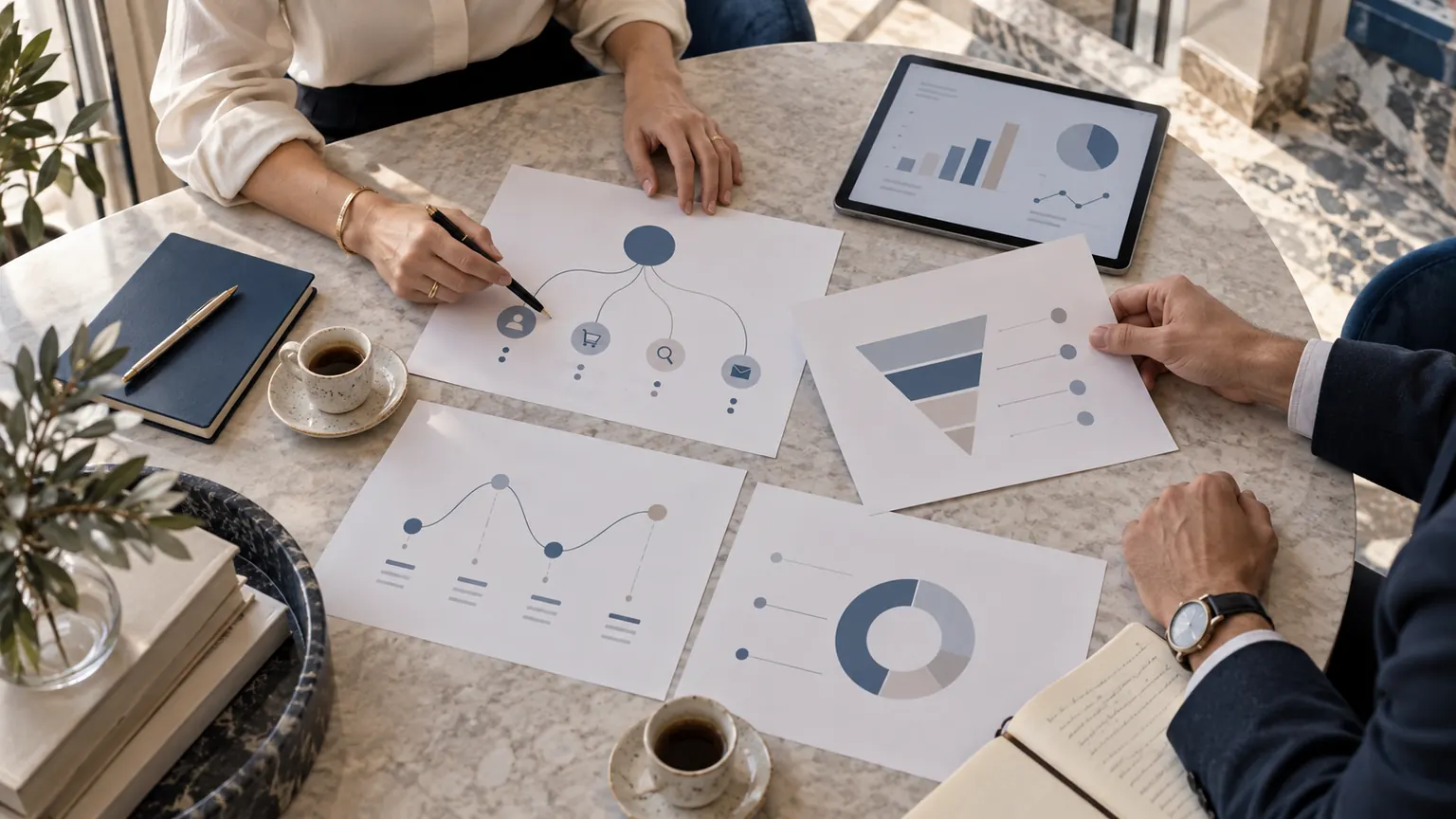 Professionisti esaminano grafici e criteri di un programma di affiliazione